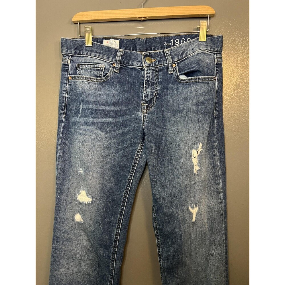 Gap Jeans Womens 6 28R Blue Real Straight Destructed Distressed Denim